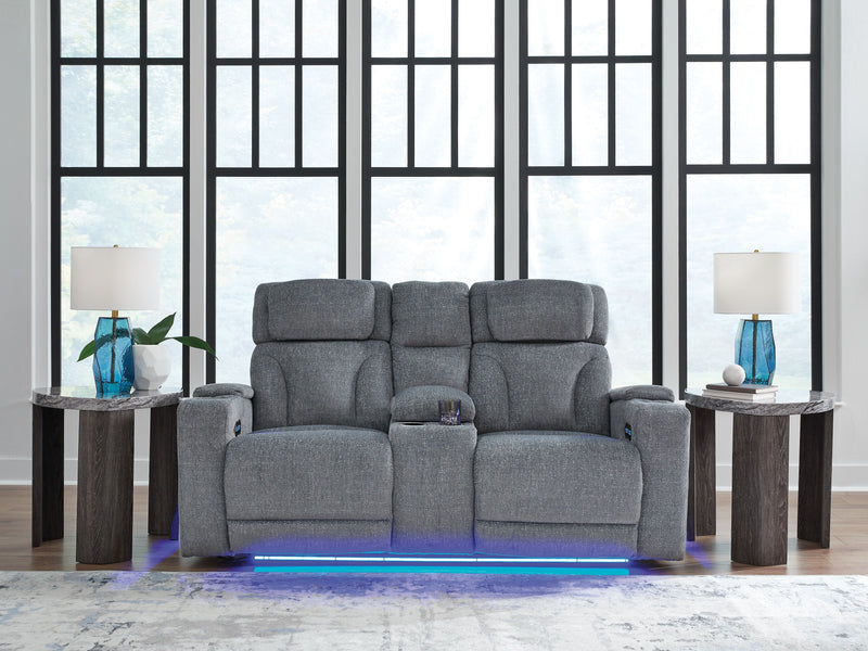 Studio Cave - Steel - Power Reclining Loveseat with Console