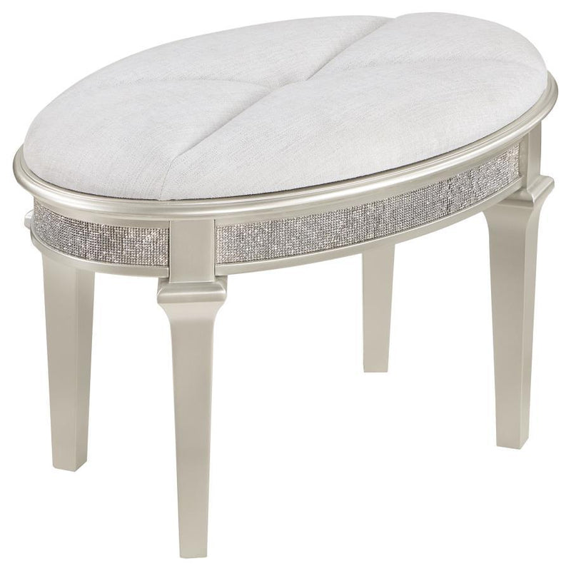 Evangeline - Upholstered Oval Vanity Stool Silver And Ivory - Silver Oak