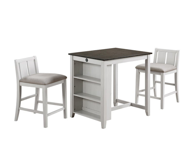 HESTON 36" STORAGE COUNTER TABLE SET W/2 CHAIRS-WHITE/GRAY