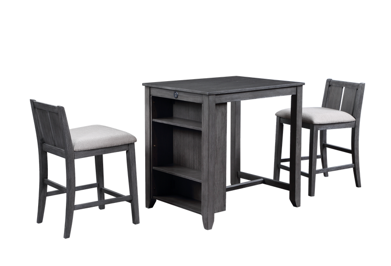 HESTON 36" STORAGE COUNTER TABLE SET W/2 CHAIRS-GRAY