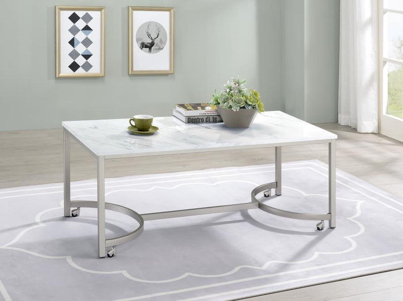 Leona - Faux Marble Coffee Table With Casters - Satin Nickel